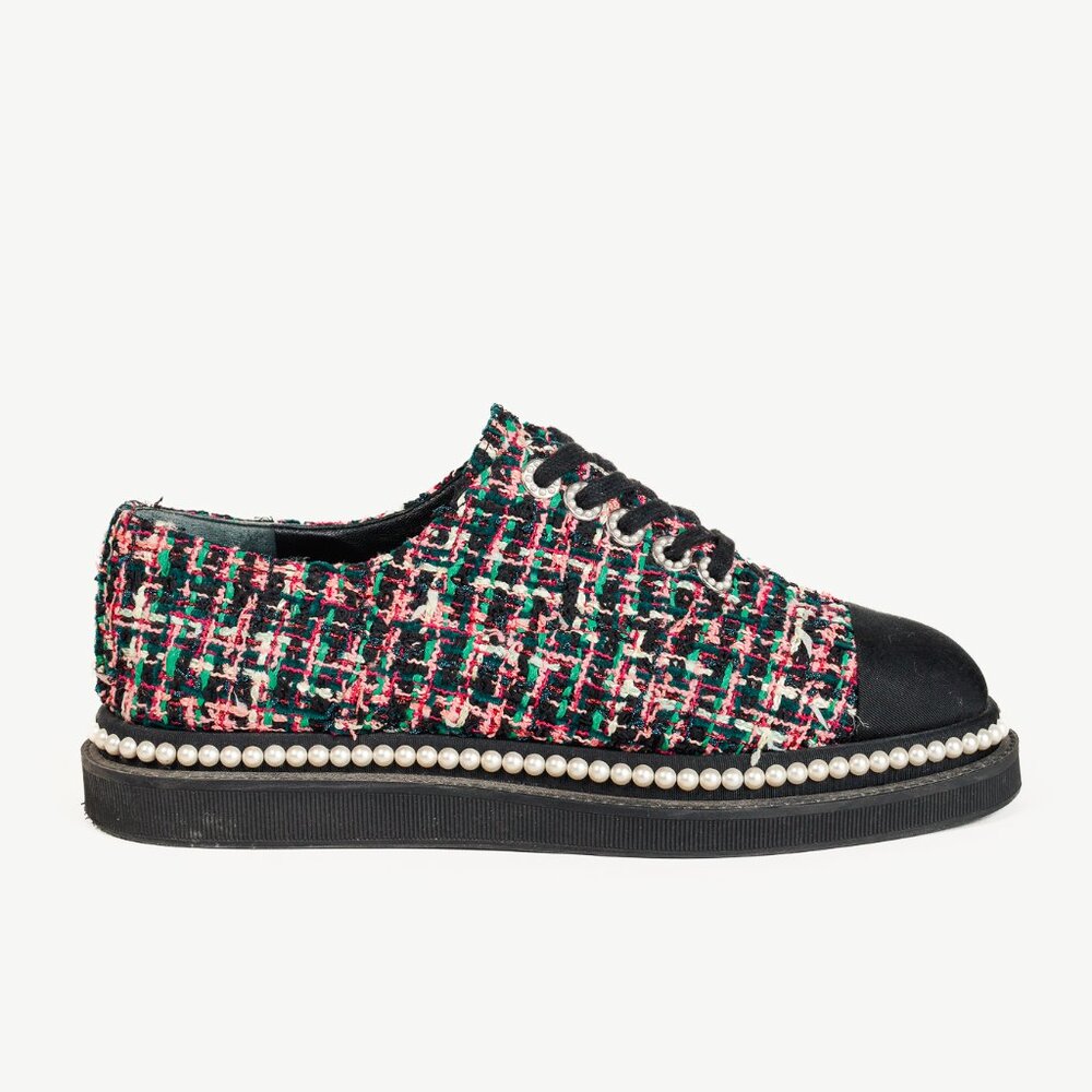 Chanel Cap Toe Pearl Embellished Tweed Shoes